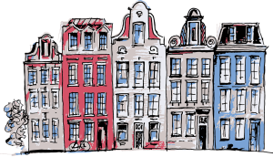 Dibujo de una serie de edificios de colores, similares a los de Ámsterdam.