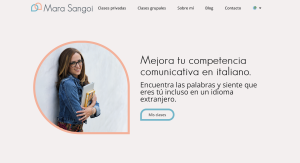 Captura de pantalla de la página principal de Mara Sangoi. Tiene un menú en la parte superior, y debajo aparece una fot de Mara y menciona qué ofrece: mejorar la comunicación en italiano.