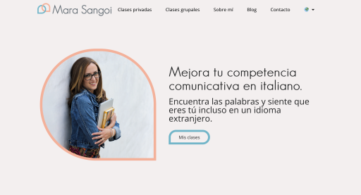 Screenshot from Mara Sangoi's home page. It has a menu at the top, and below it there's a picture of Mara and mentions her services: improving your communication skills in Italian.