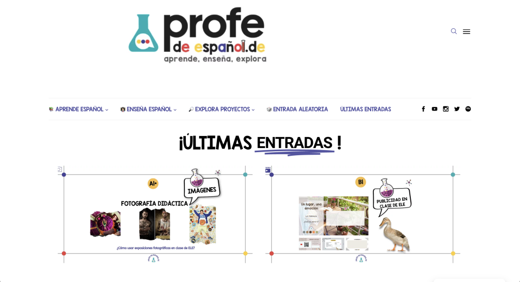 Main page of profe de español.de. It shows a big logo on top. Below it, there is the main menu. Below the menu the latest entries are shown, displayed in a grid.