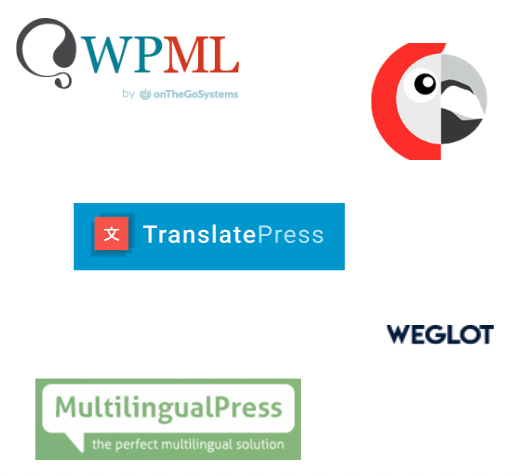Logos dels plugins mencionats a la secció: WPML, Polylang, TranslatePress, WeGlot, MultilingualPress