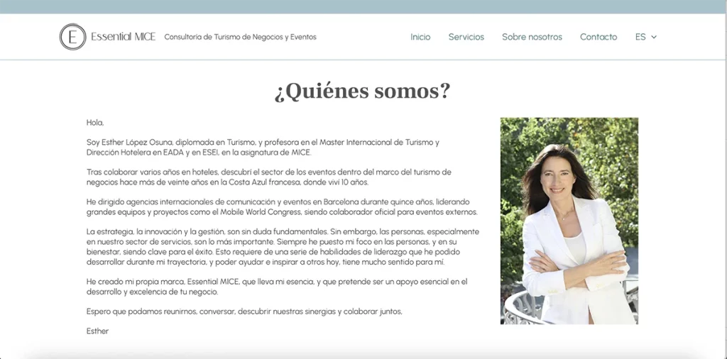 About us page of Essential MICE. It has a title, text on the left hand-side, and a picture of Esther beside the text, on the right side.