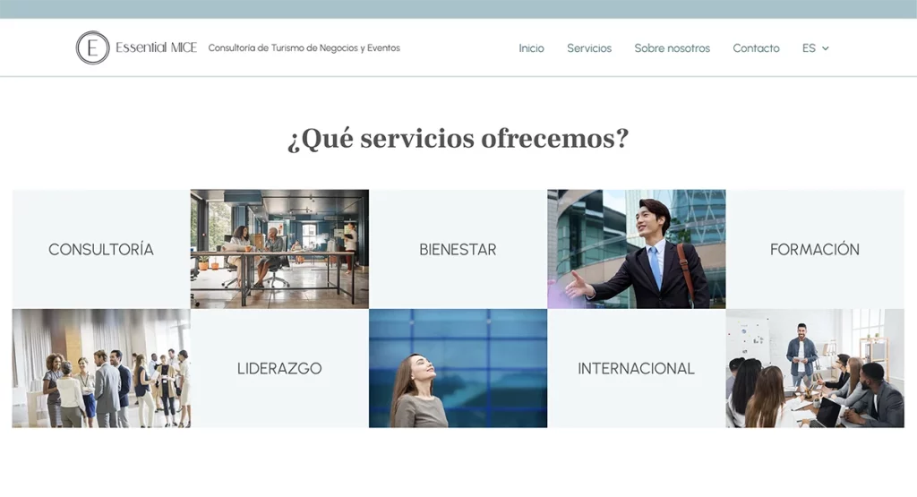 5x2 grid showing the services offered by Essential MICE. It alternates cells containing the service name and cells with a picture.